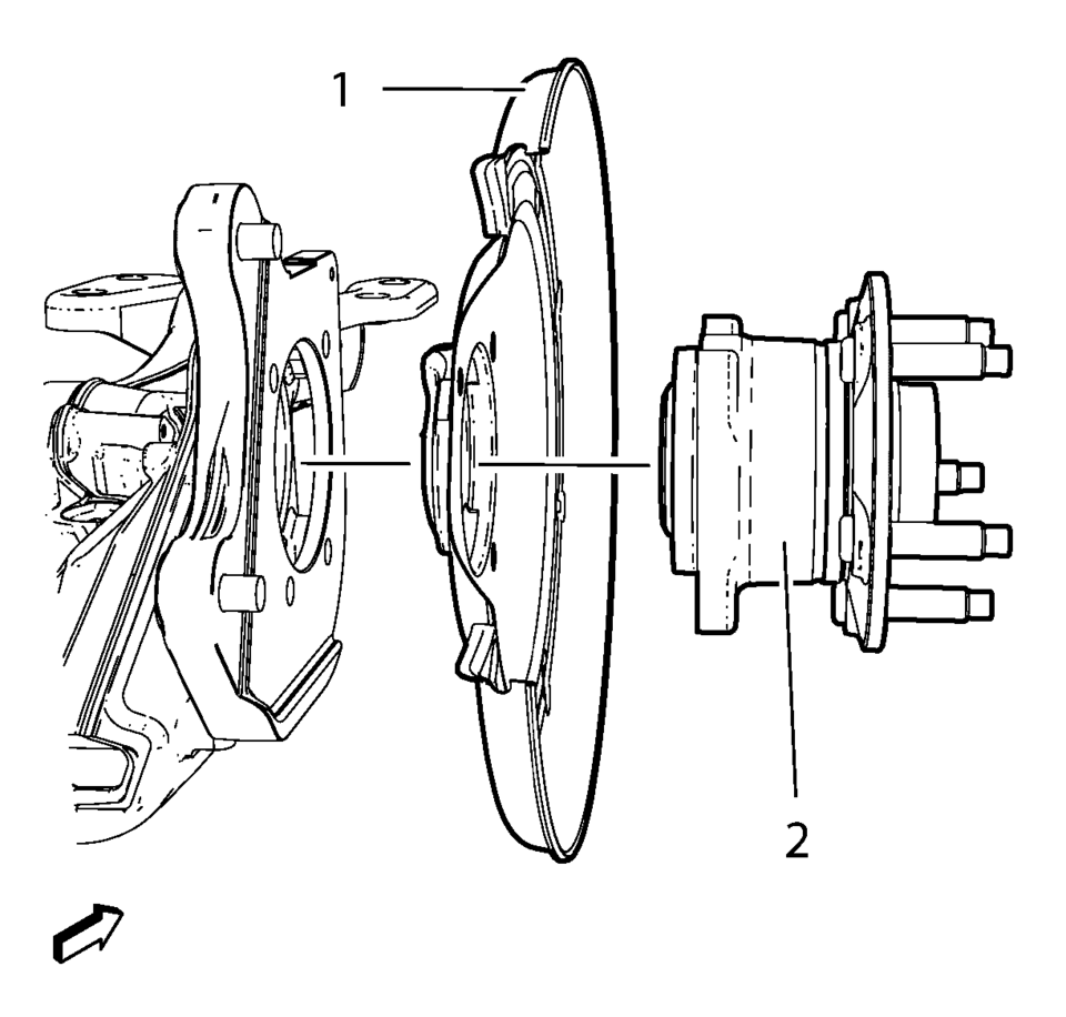 Position the rear brake shield (1) and wheel bearing/hub assembly (2)