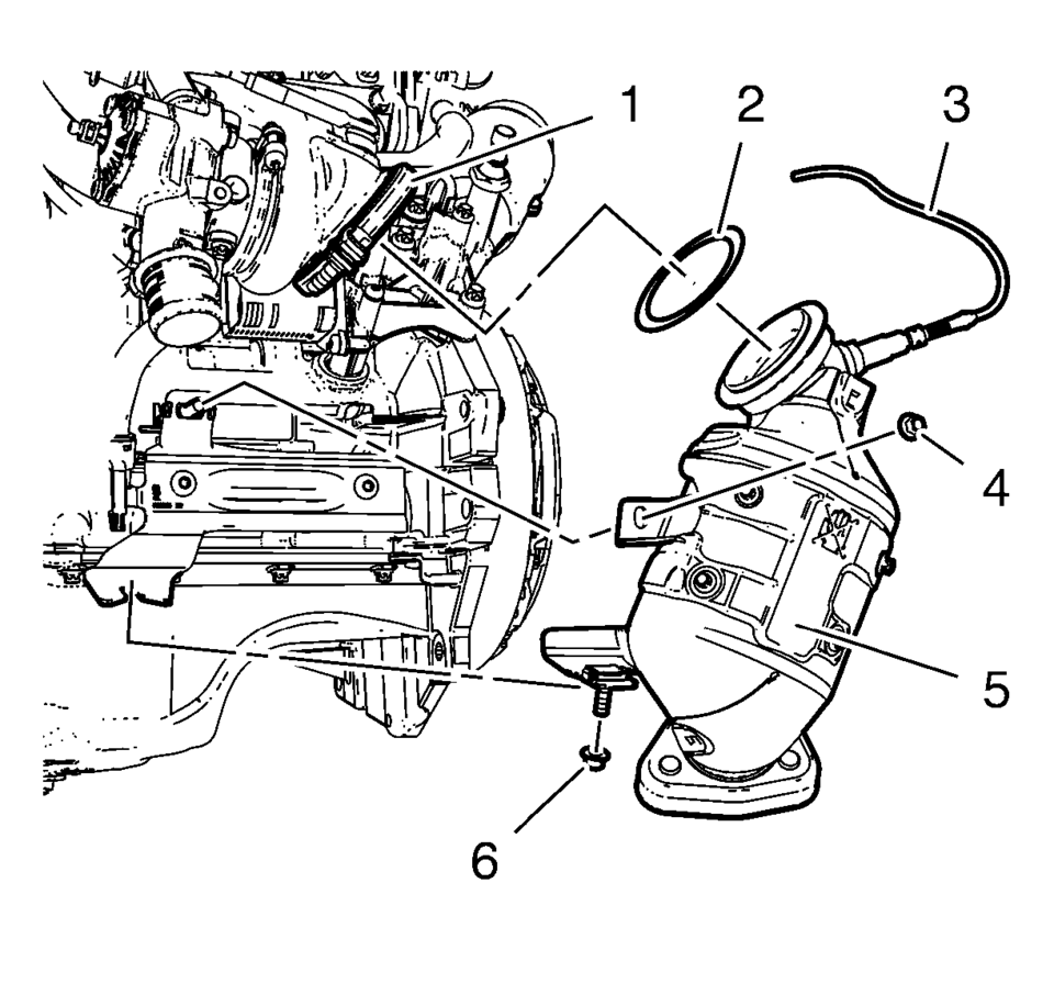 Disconnect the heated oxygen sensor wiring harness (3) from retainer clip.