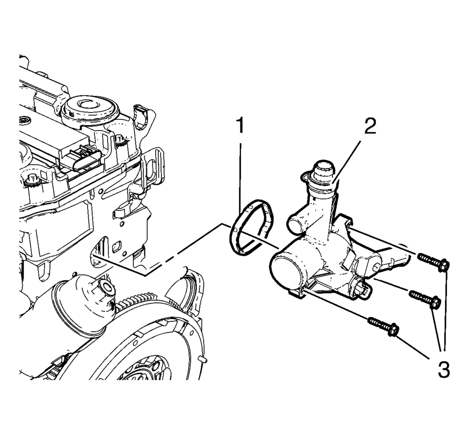 Remove the 3 water outlet bolts (3).