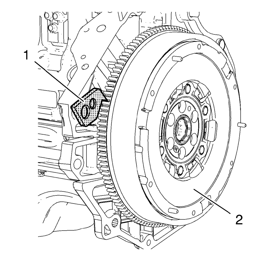 Install EN-652 holder  (1) to hold the engine flywheel (2).