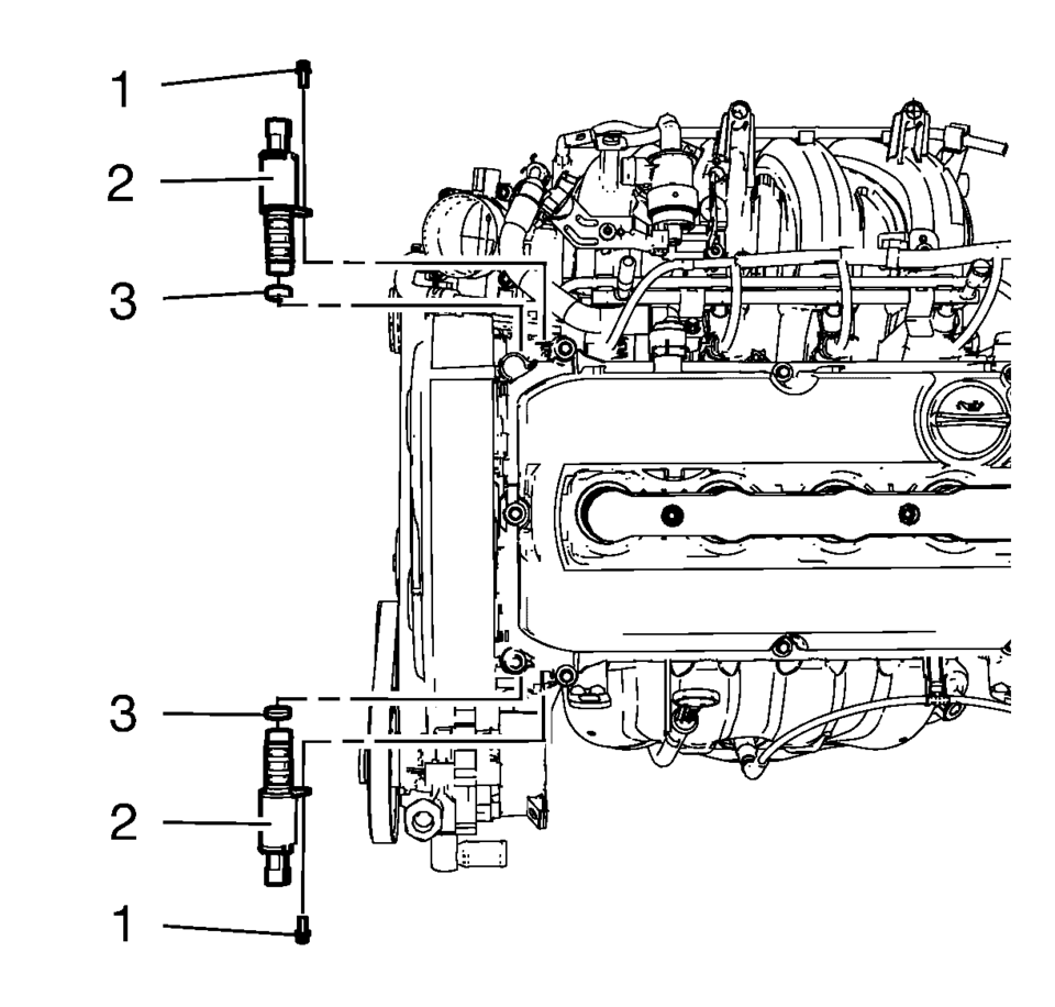 Remove the camshaft position actuator solenoid valve bolts (1).