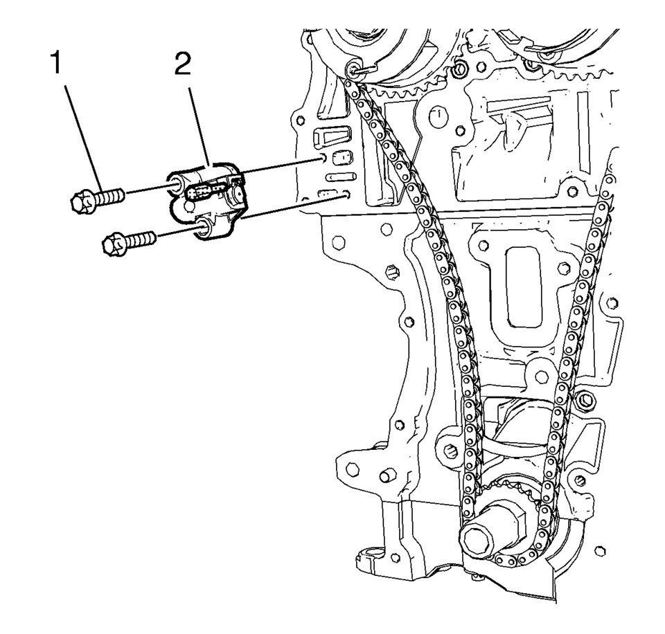 Remove the 2 timing chain tensioner bolts (1).