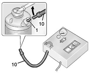 4. Attach the air only hose (10) to the sealant canister inlet valve (1) by turning