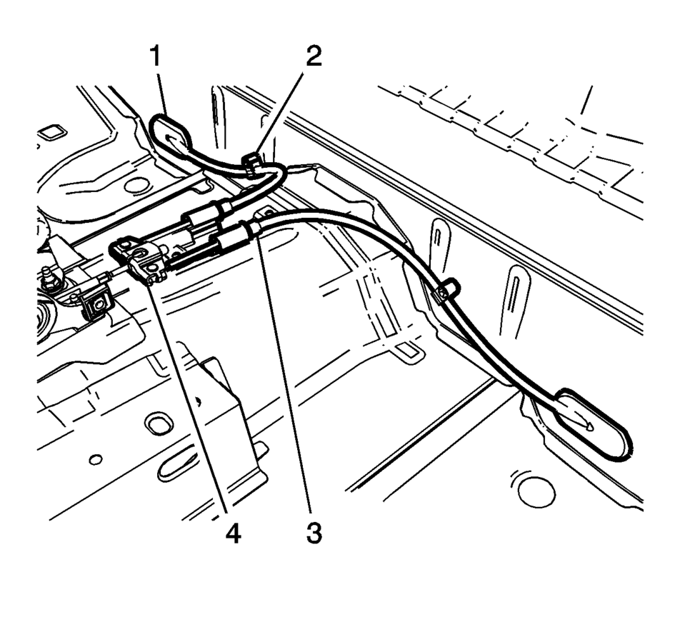 Install the parking brake cable pass through grommets (1).