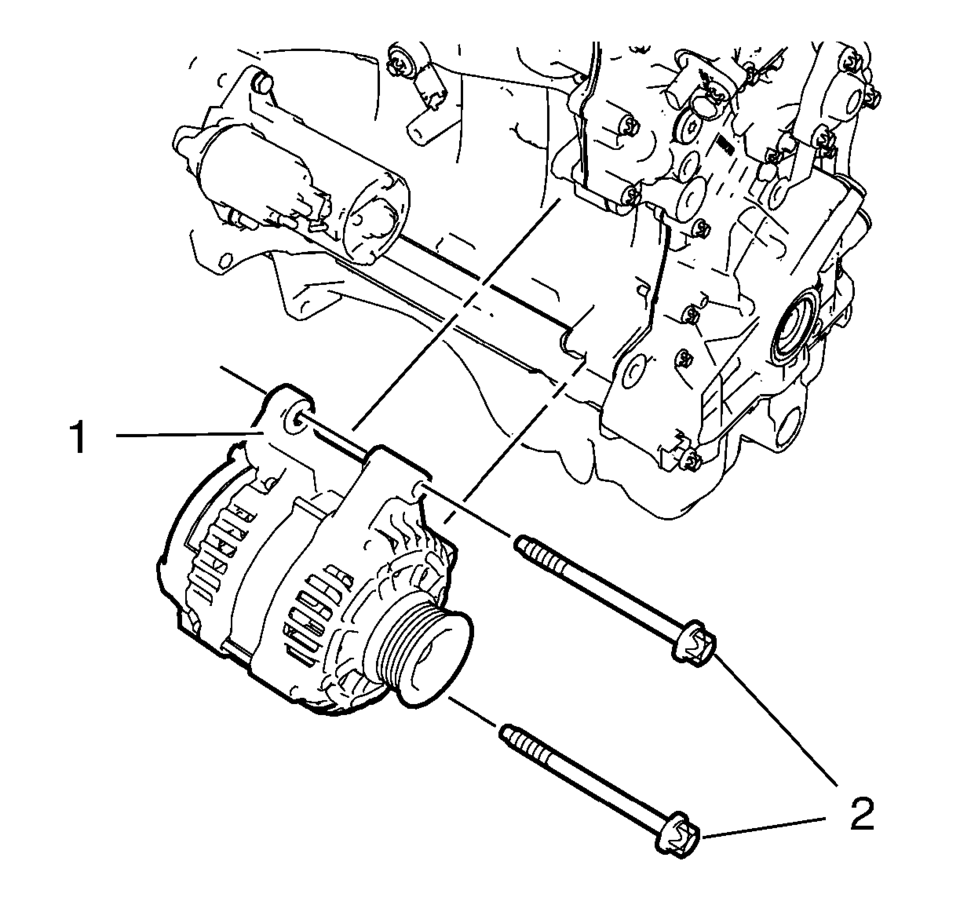 Remove the 2 generator bolts (2).