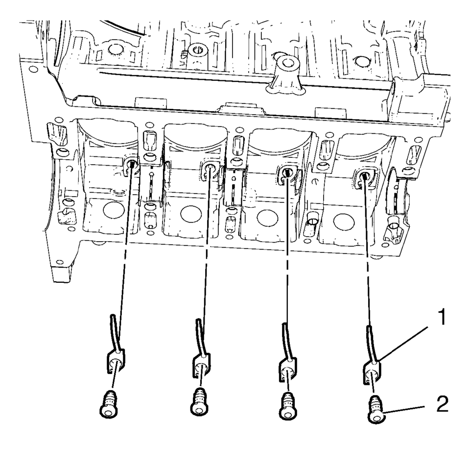 Install the 4 piston oil nozzles (1).