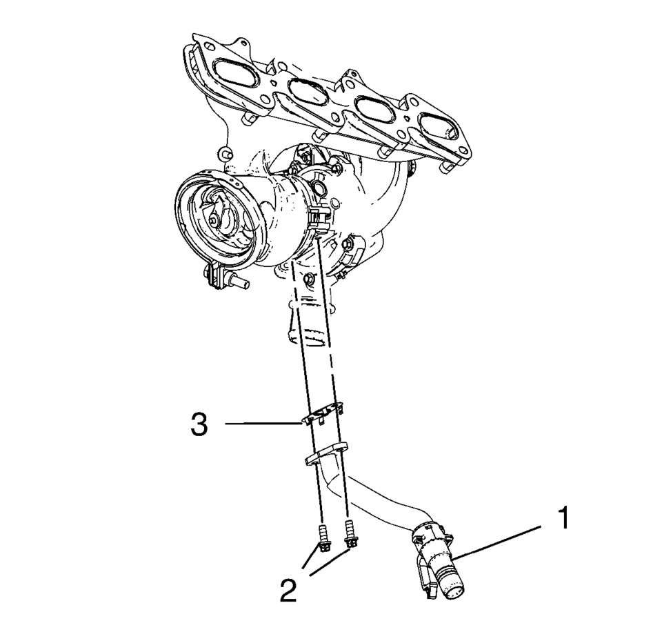 Remove the 2 turbocharger oil return pipe bolts (2).