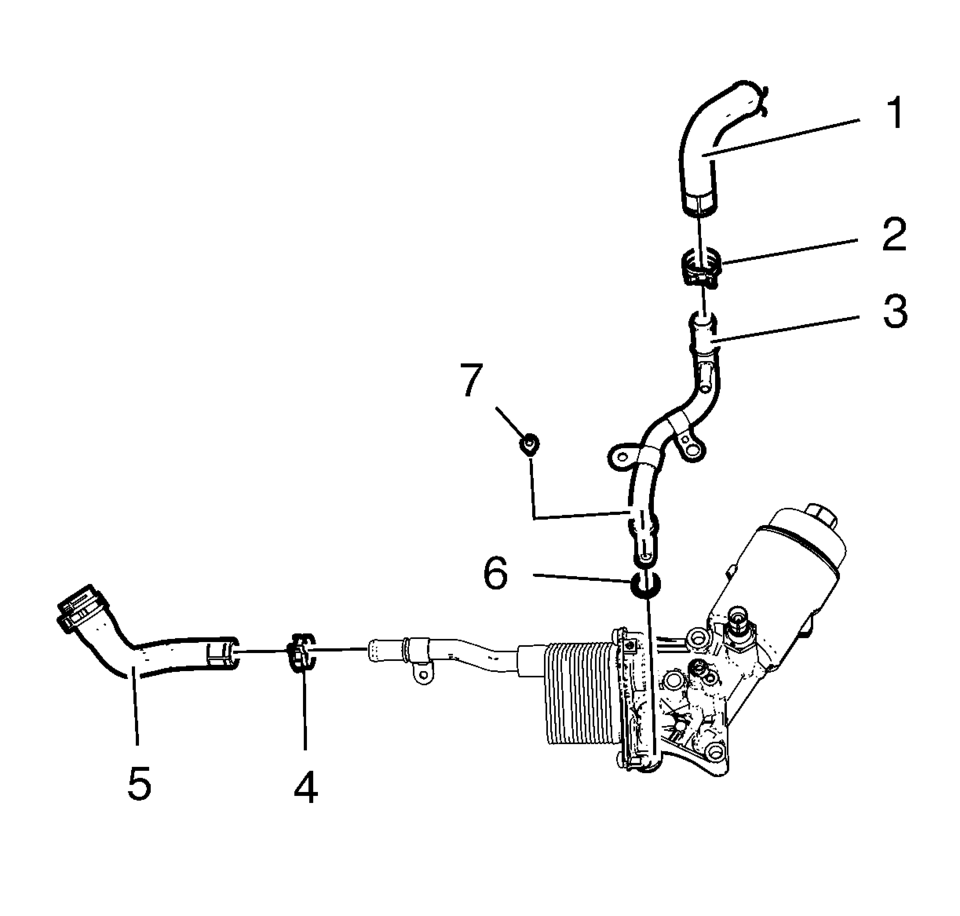 Remove the oil cooler coolant inlet hose clamp (2).