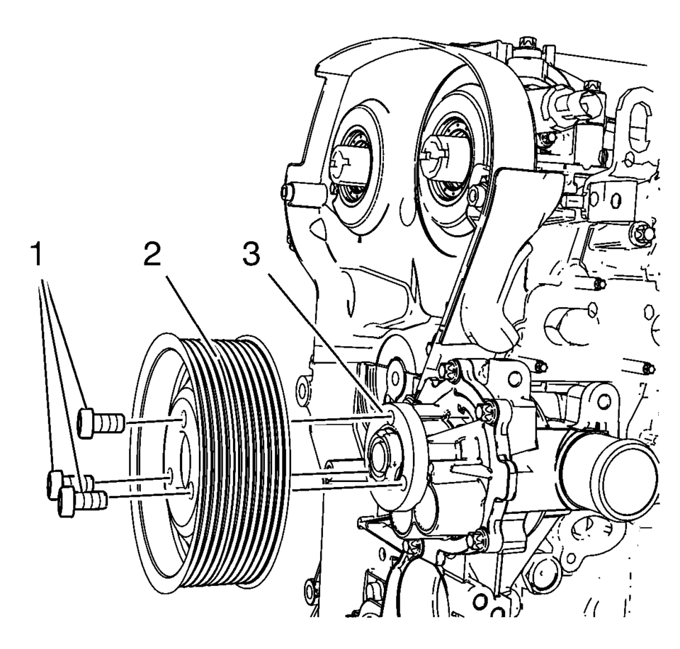 Install the water pump pulley (2) to the water pump (3).