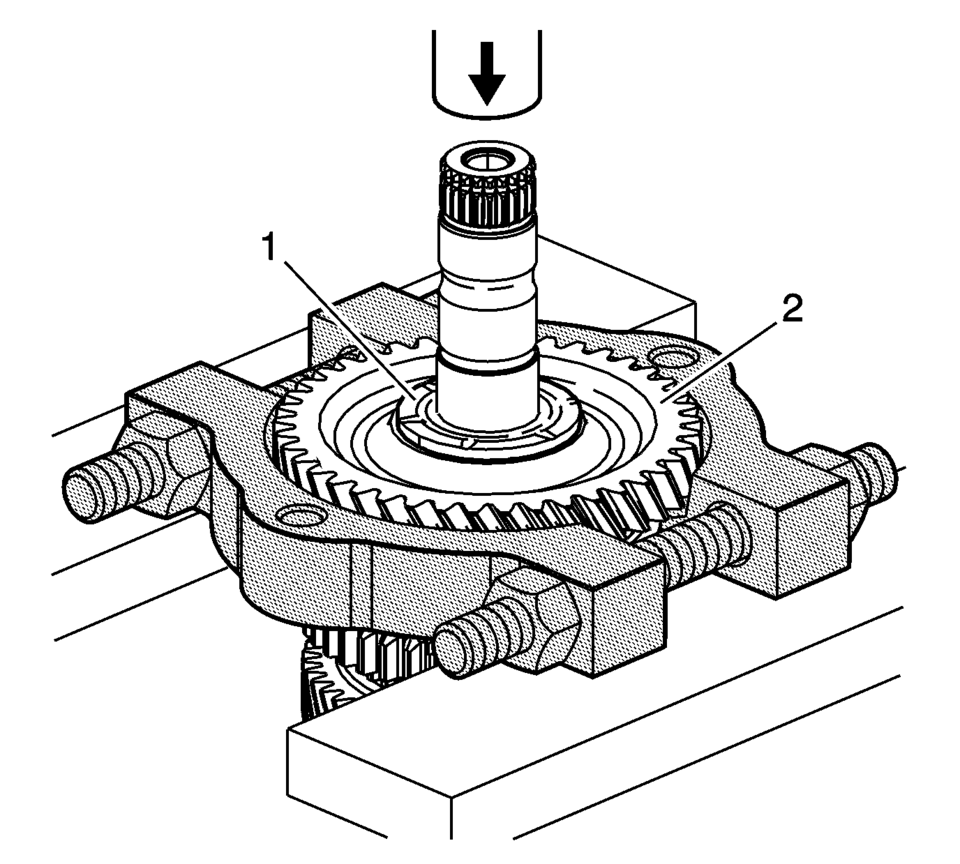 Remove the 1st gear thrust washer (1) and the 1st gear (2)