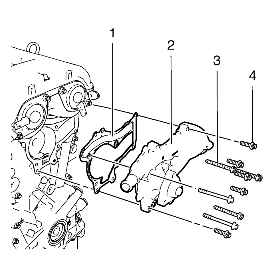 Remove the 5 short water pump bolts (4) and the 5 long water pump bolts (3).