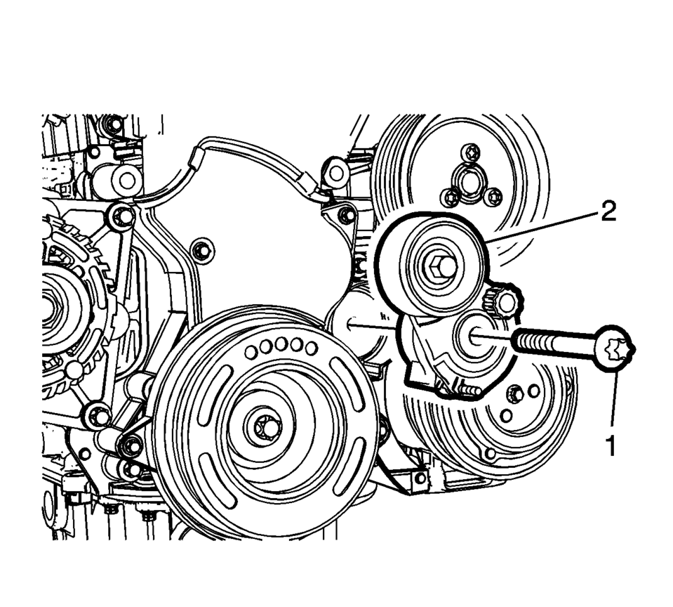 Remove the drive belt tensioner bolt (1).