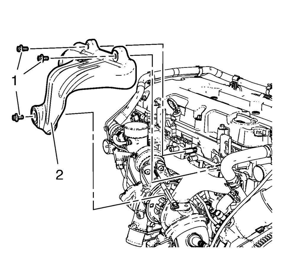 Remove the 3 exhaust manifold heat shield bolts (1) and the washers.