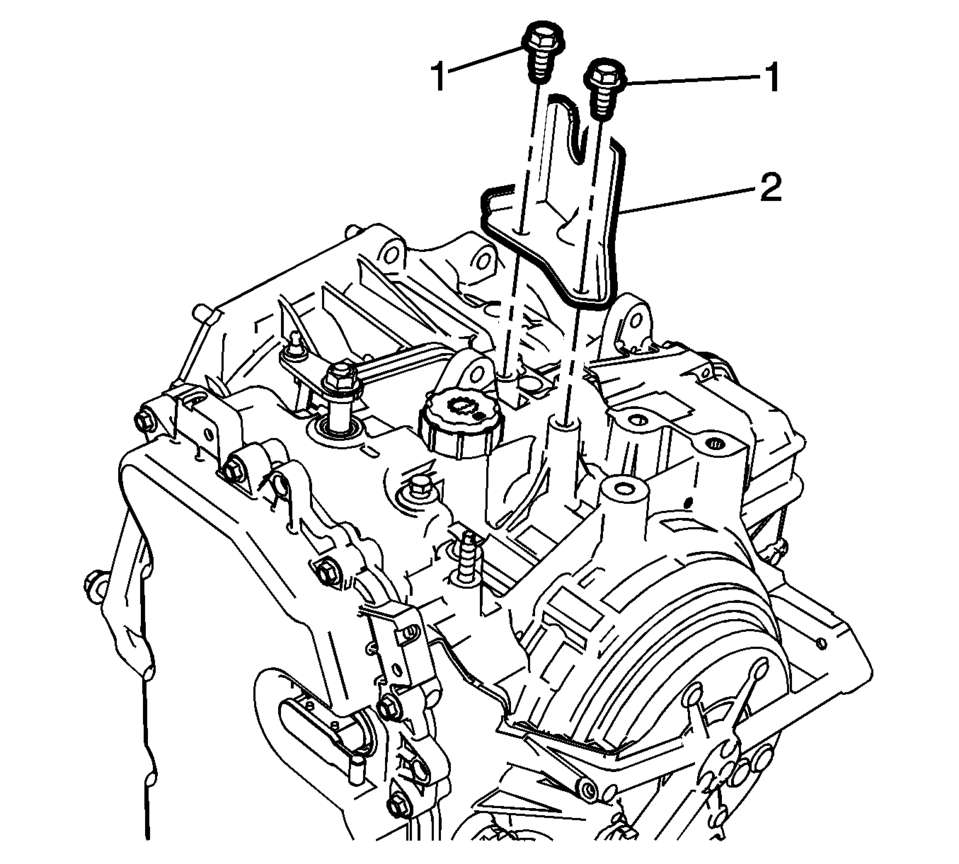 Install the transmission range selector cable bracket (2).