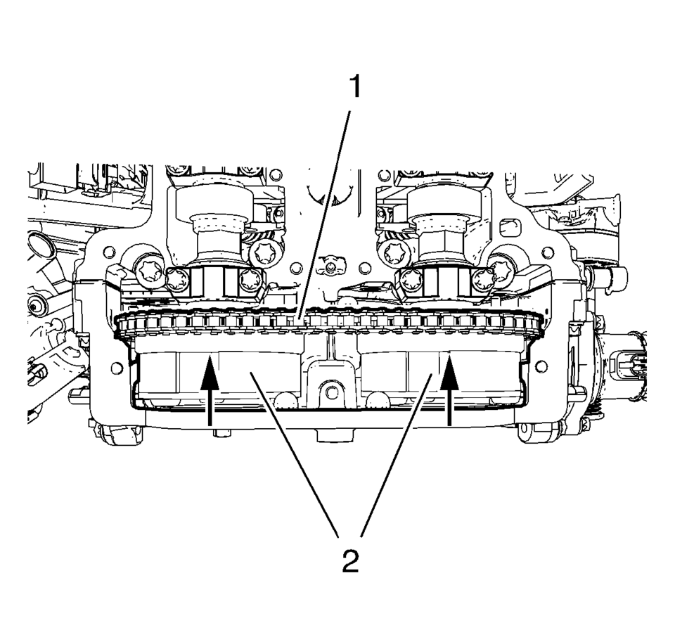 Install the camshaft sprockets (2) and timing chain (1) as one unit.