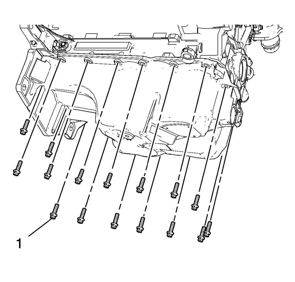 Remove the 16 oil pan bolts (1).