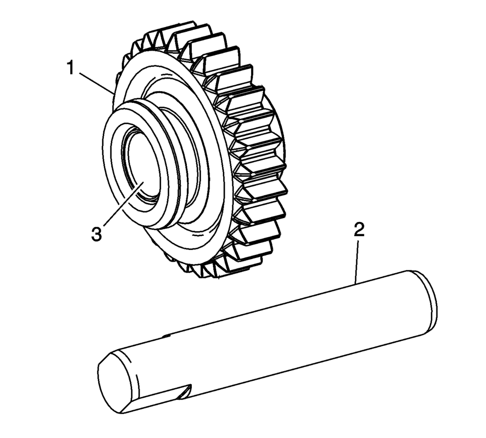 Clean the reverse idler gear (1) and shaft (2) in