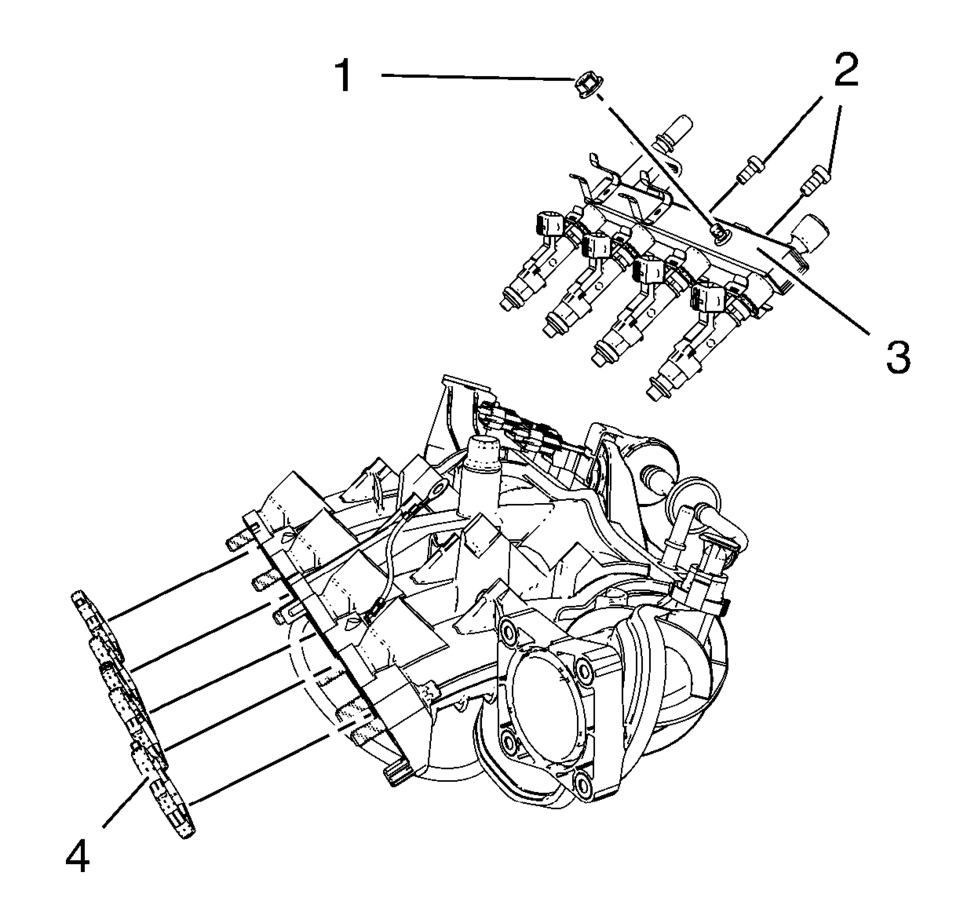 Remove the fuel injection rail ground cable nut (1).