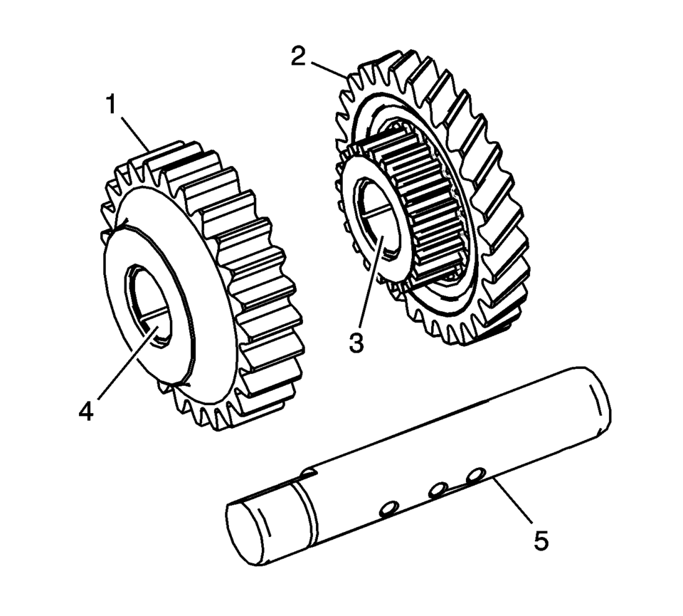Clean the reverse spur gear (1), reverse helical gear (2),