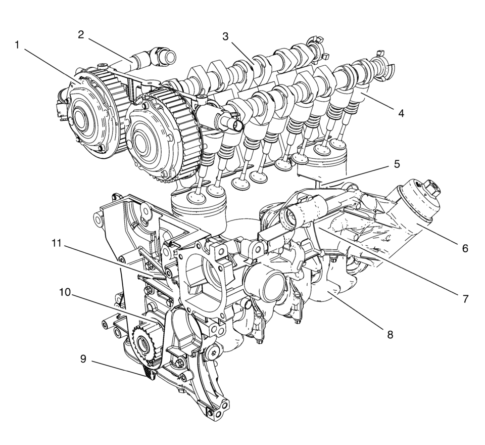 Oil is applied under pressure to the crankshaft (8), connecting rods (5), camshaft