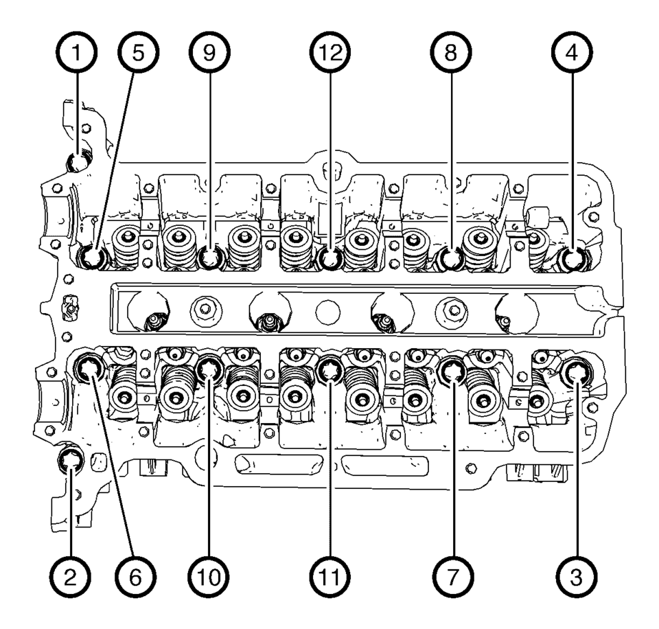 Loosen the 12 cylinder head bolts in the sequence as shown. Use the following