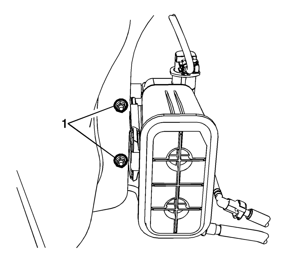 Remove the evaporative emission canister bracket fasteners (1).