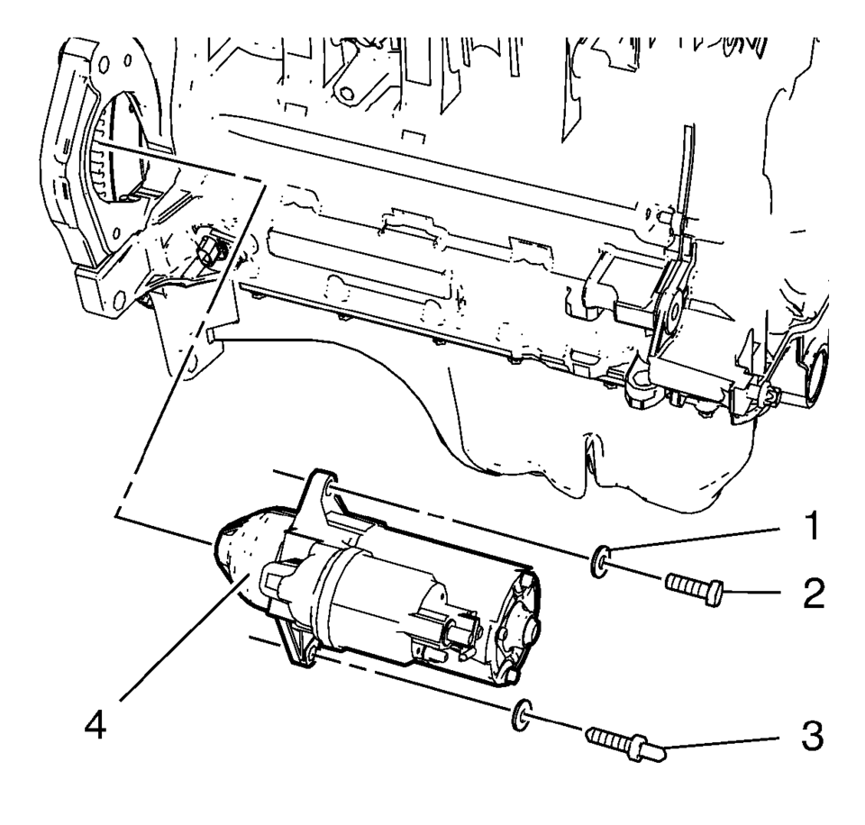 Remove the upper starter bolt (2) and if equipped the washer (1).