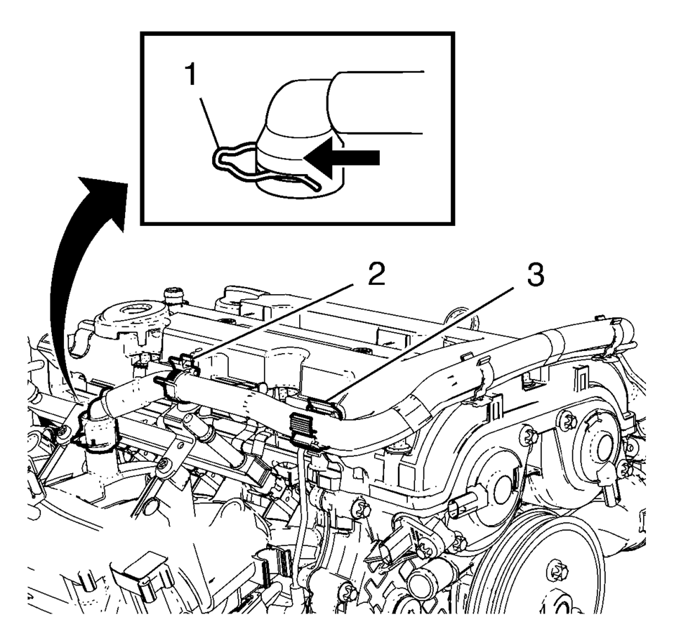 Open the 2 positive crankcase ventilation pipe retainer clips (2) and (3).