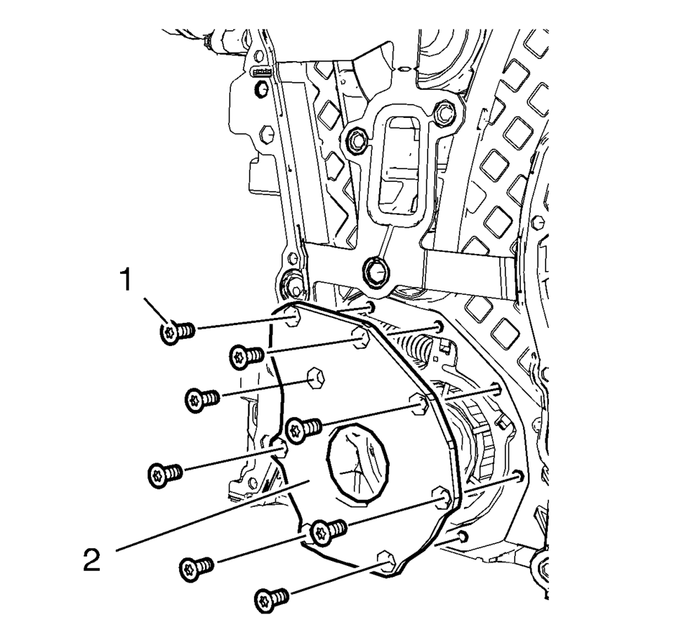 Remove the 8 oil pump cover bolts (1).