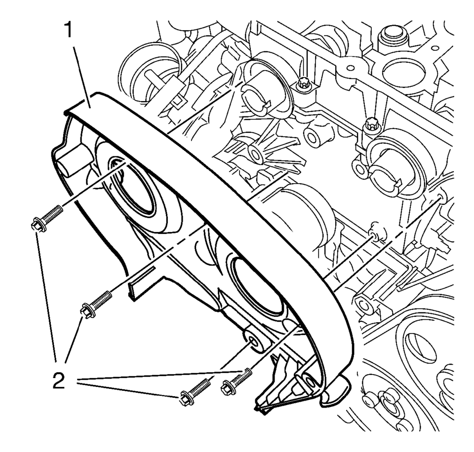 Remove and DISCARD the 4 timing belt rear cover bolts (2).