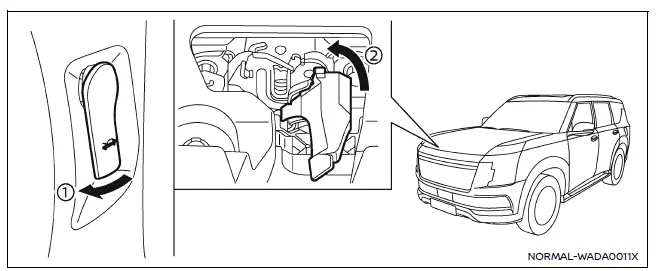 Nissan Armada hood opening procedure front latch and safety lever