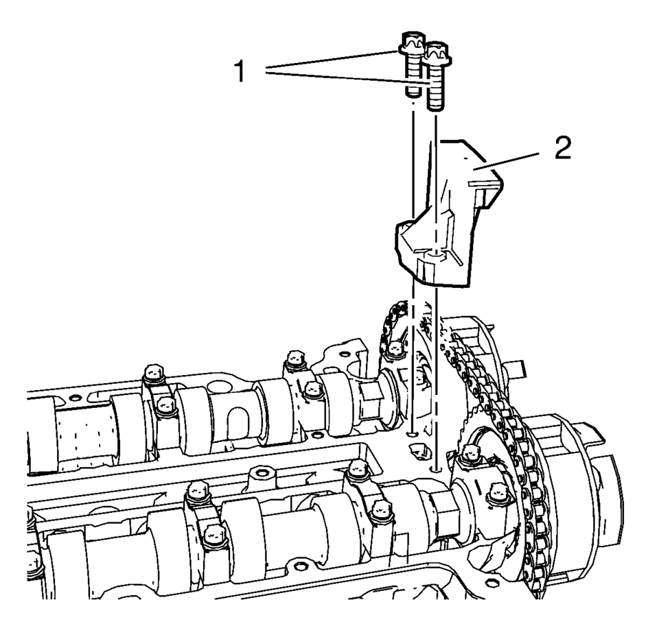 Install the upper timing chain guide (2).