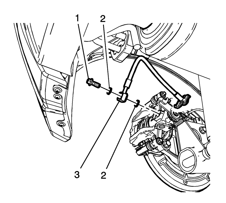 Assemble the brake hose fitting bolt (1) and the new brake hose fitting