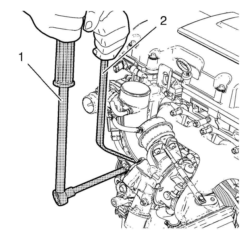 Install the EN-49942 holding wrench  (2) to the turbocharger coolant