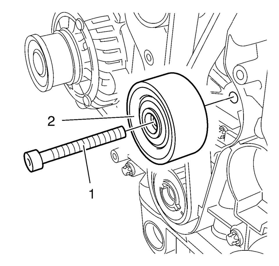 Remove the timing belt idler pulley bolt (1).