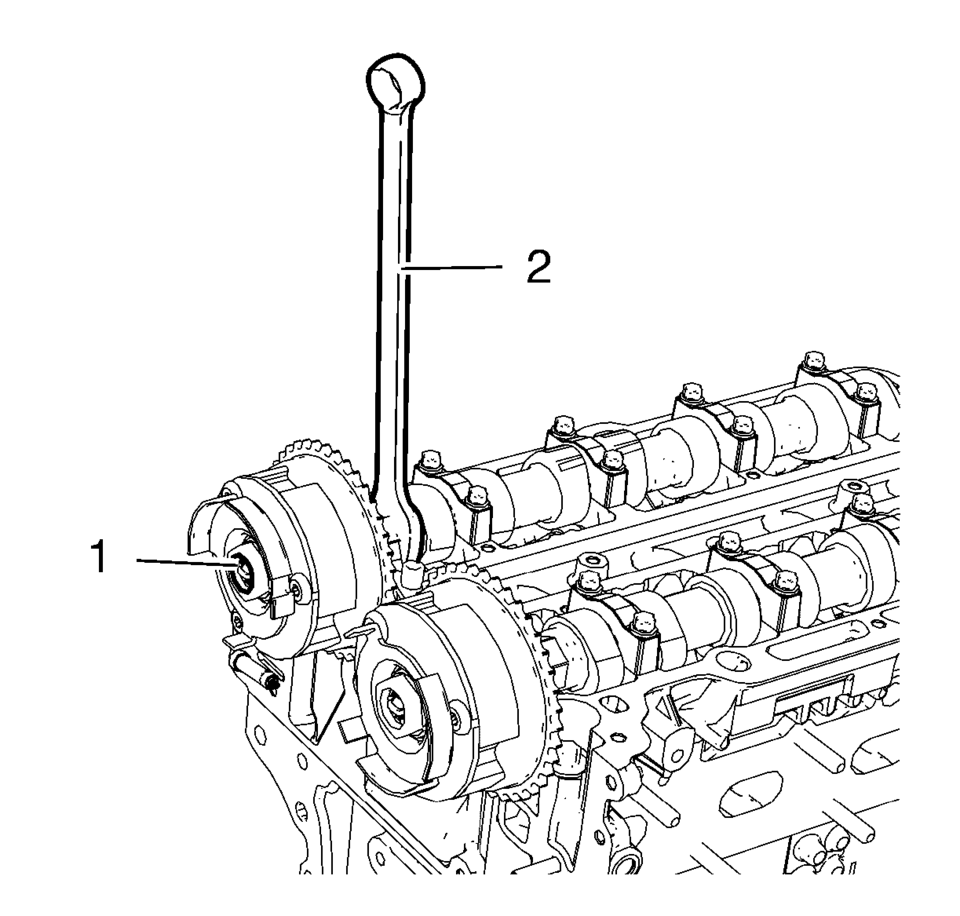 Loosen the intake camshaft sprocket bolt (1) while holding the hexagon of