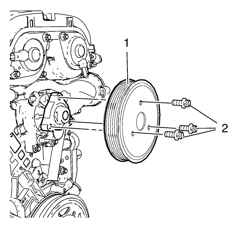 Loosen the 3 water pump pulley bolts (2) while holding up the water pump