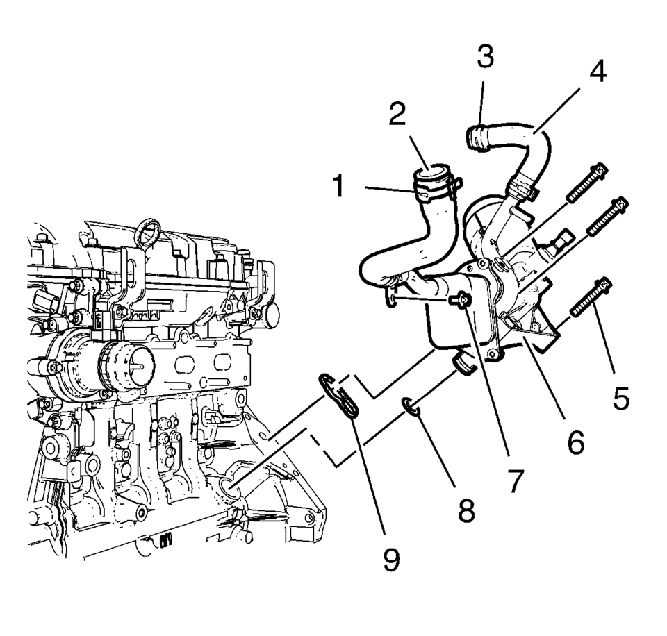 Remove the oil cooler coolant outlet hose clamp (1).